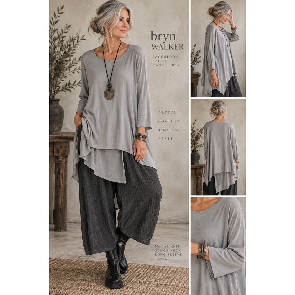 bryn WALKER Large Gray Modal Knit Scoop Neck Long Sleeve Tunic Top Made in USA